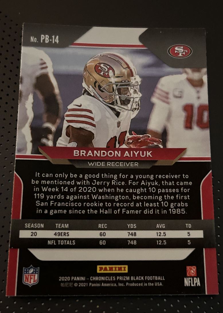 2020 Panini Chronicles Prizm Black Brandon Aiyuk Rookie San Francisco 49ers