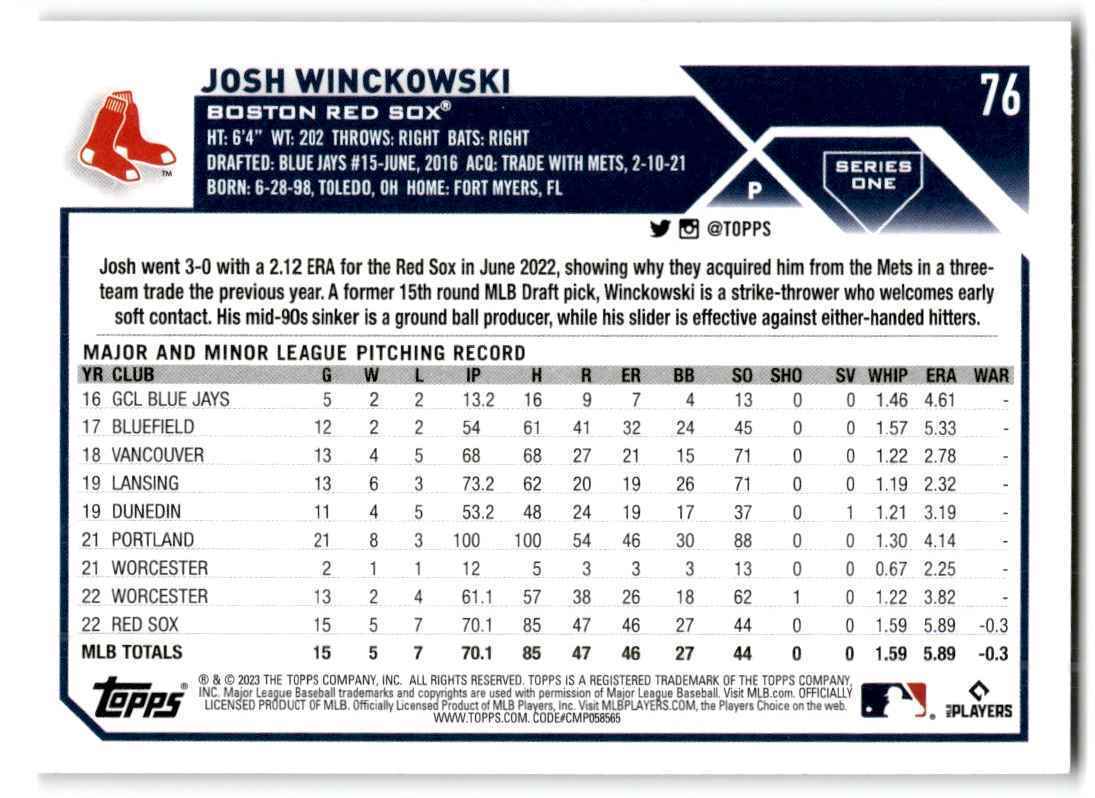 2023 Topps Josh Winckowski Rookie Boston Red Sox #76