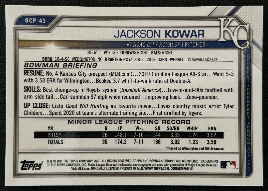 2021 Bowman Chrome Prospects Jackson Kowar Kansas City Royals #BCP-43