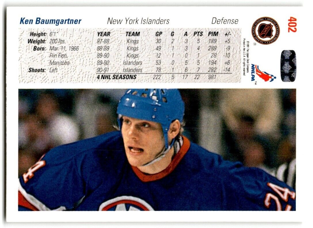 1991-92 Upper Deck Ken Baumgartner New York Islanders #402