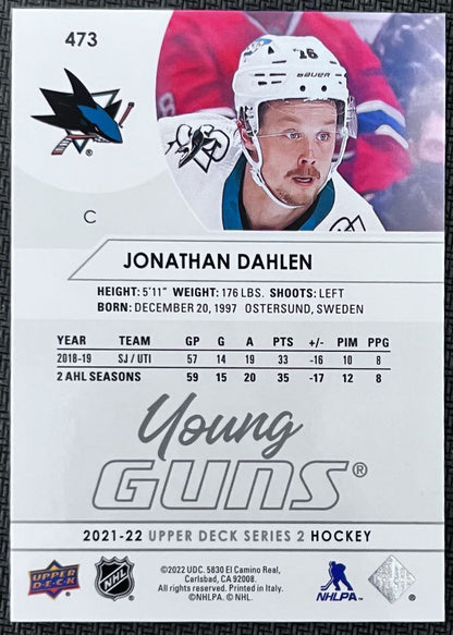 2021-22 Upper Deck Jonathan Dahlen Rookie San Jose Sharks #473