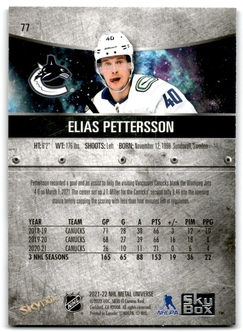 2021-22 Skybox Metal Universe Elias Pettersson Vancouver Canucks #77