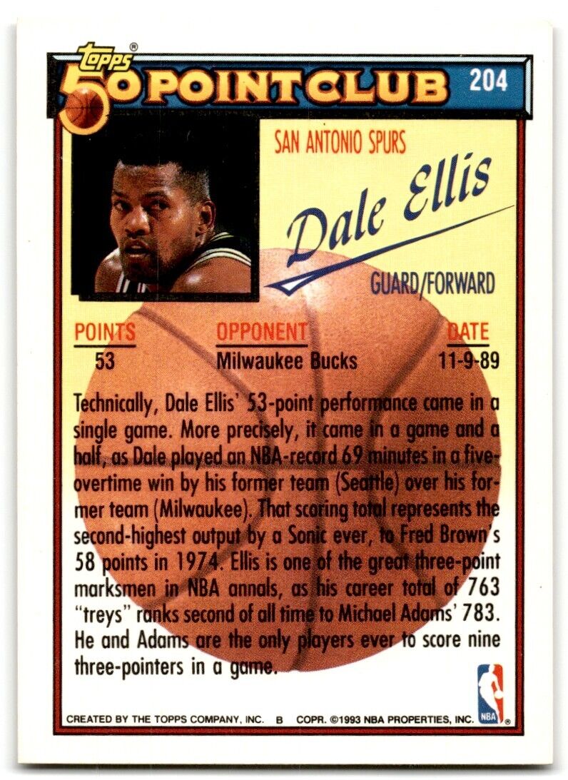 1992-93 Topps 50 points club Dale Ellis San Antonio Spurs #204