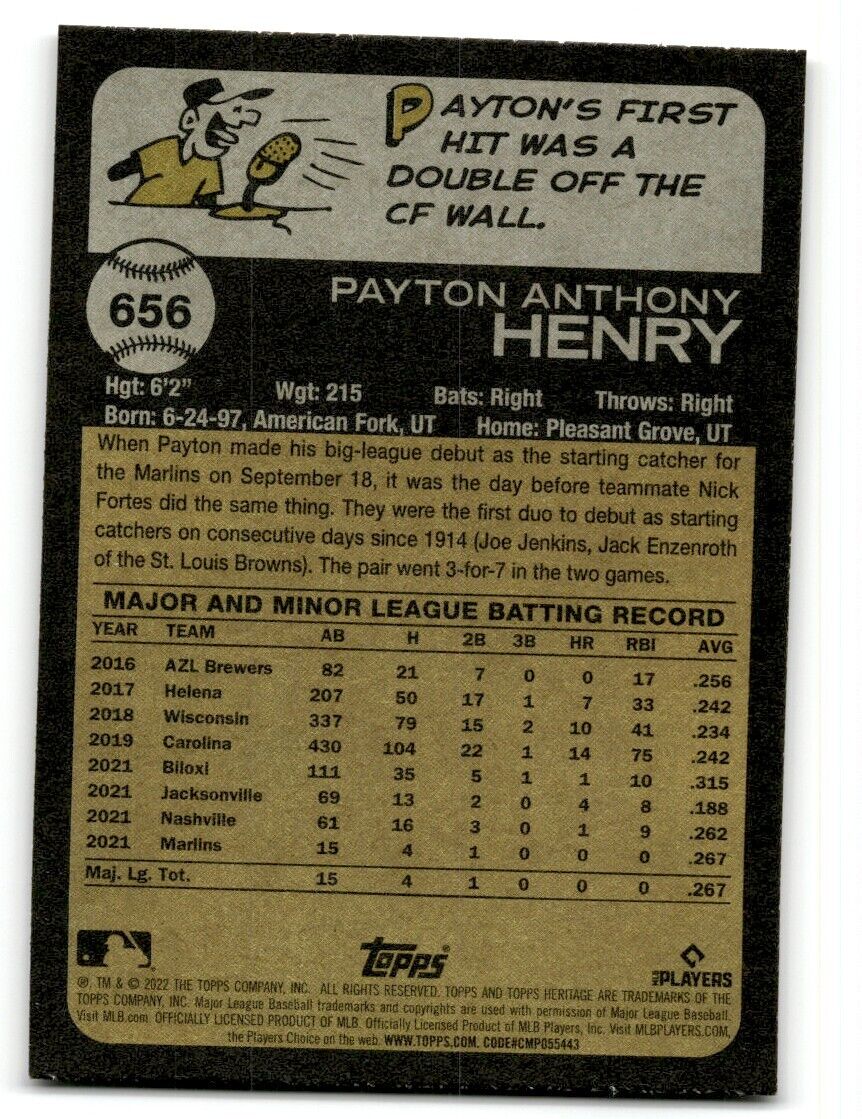 2022 Topps Heritage Payton Henry Rookie Miami Marlins #656