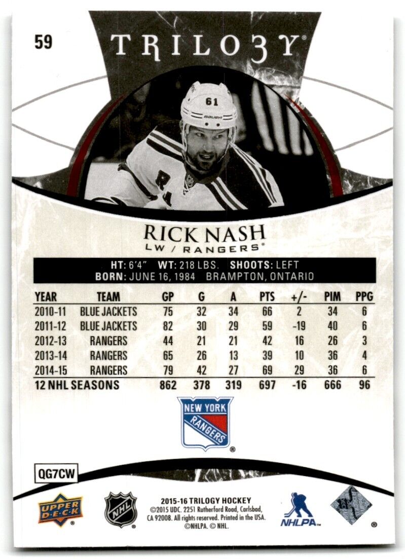 2015-16 Upper Deck Trilogy Rick Nash New York Rangers #59