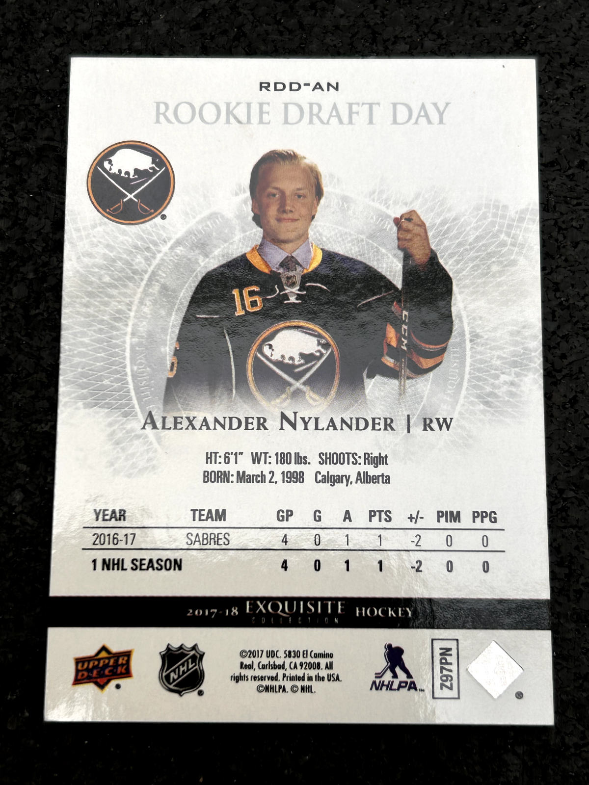 2017 Black Diamond Exquisite Draft Day /99 Alexander Nylander #RDD-AN Rookie RC