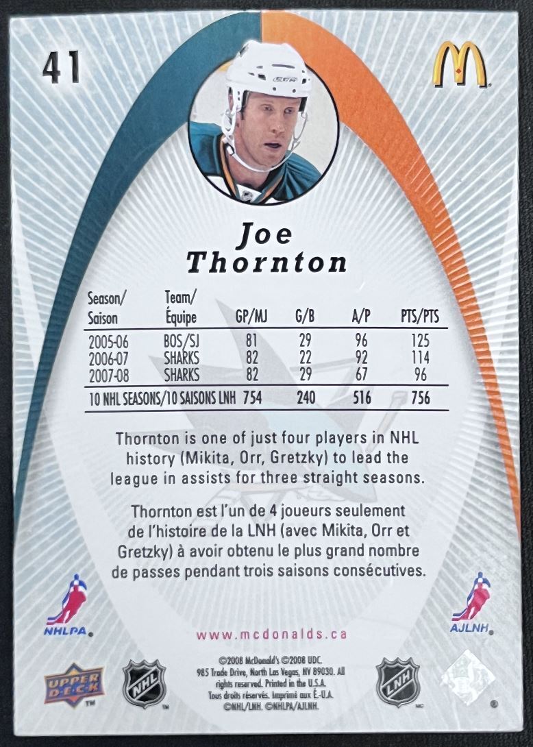 2008-09 McDonald's Upper Deck Joe Thornton San Jose Sharks #41