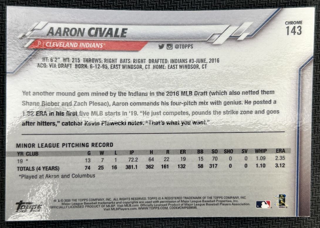 2020 Topps Chrome Aaron Civale Rookie Cleveland Indians #143