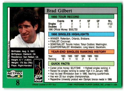 1991 Protennis player Cards Netpro Tour Star Brad Gilbert Rookie #8