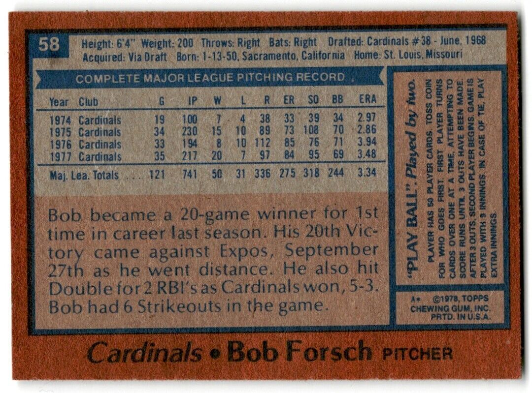 1978 Topps Bob Forsch St. Louis Cardinals #58