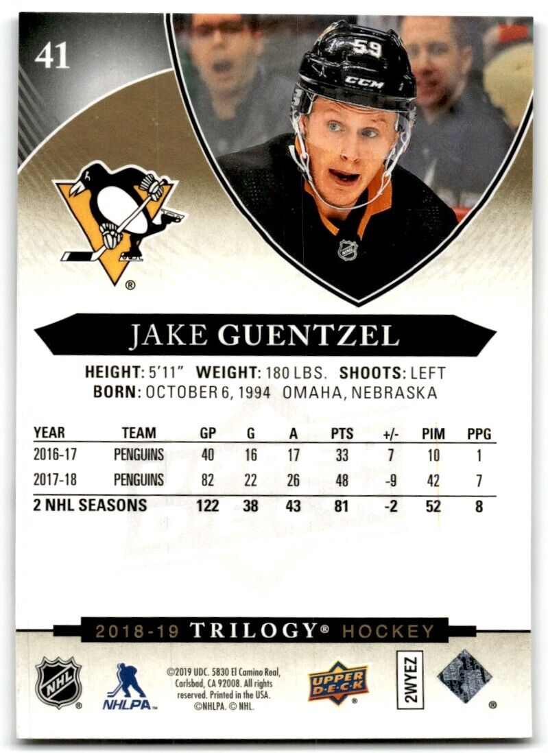 2018-19 Upper Deck Trilogy Jake Guentzel Pittsburgh Penguins #41