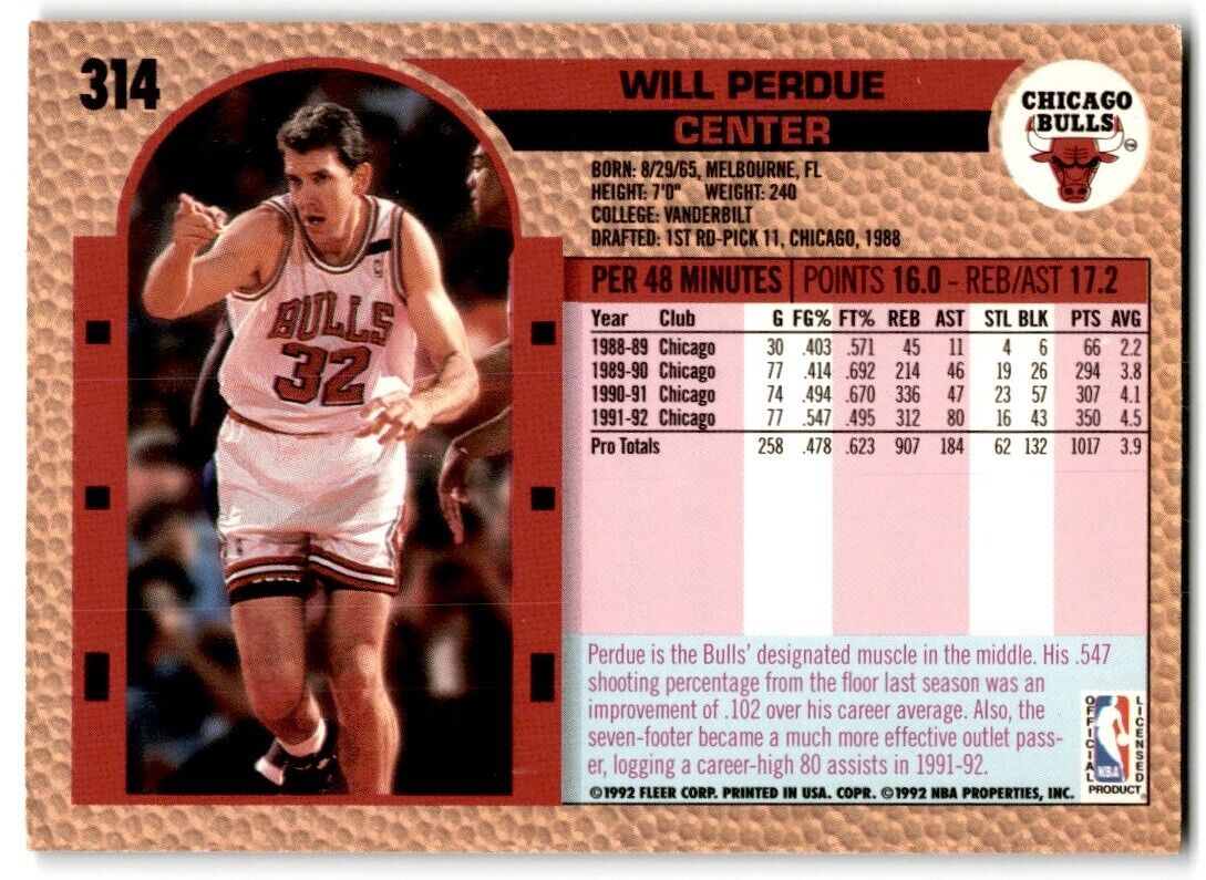 1992-93 Fleer Will Perdue Chicago Bulls #314