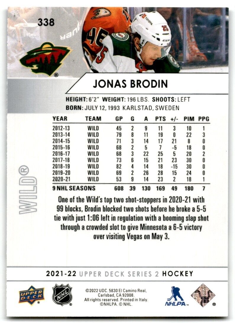 2021-22 Upper Deck Jonas Brodin Minnesota Wild #338