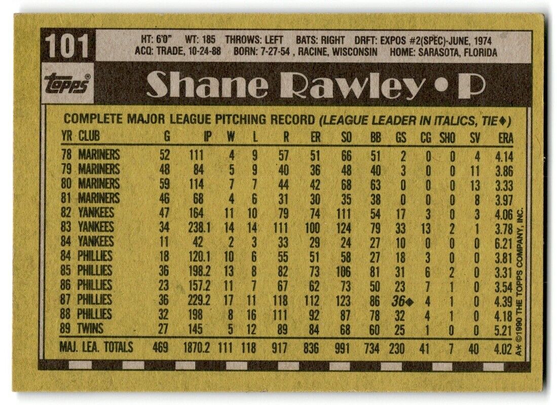 1990 Topps Shane Rawley Minnesota Twins #101