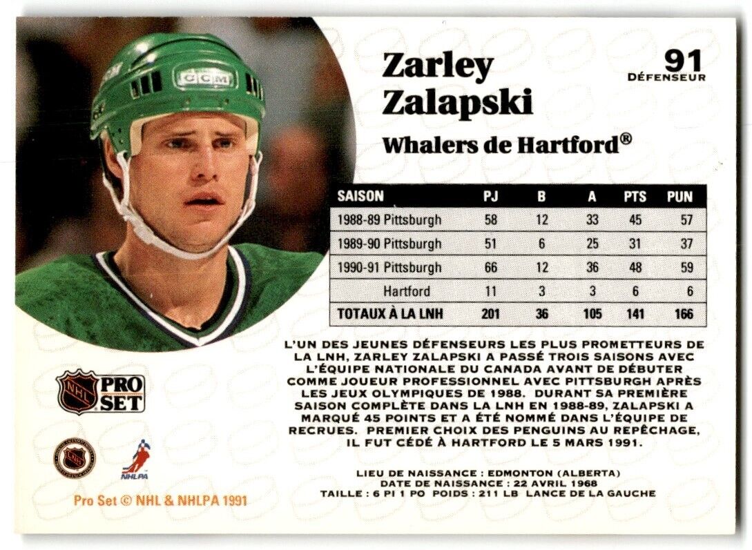 1991-92 Pro Set Zarley Zalapski Hartford Whalers #91