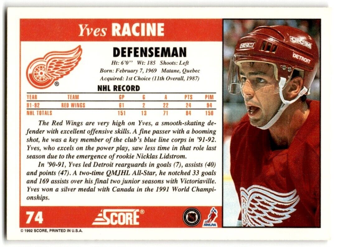 1992-93 Score Yves Racine Detroit Red Wings #74