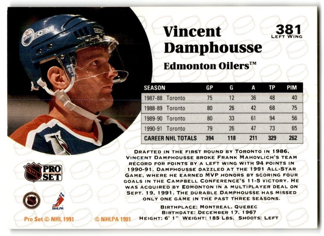 1991-92 Pro Set Vincent Damphousse Edmonton Oilers #381