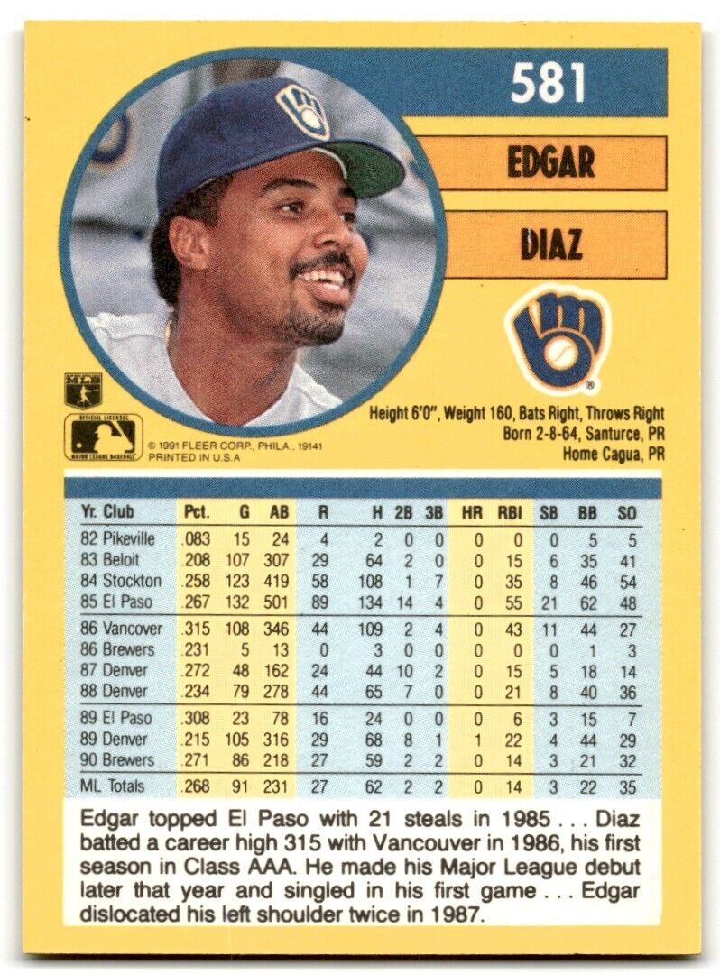 1991 Fleer Edgar Diaz Milwaukee Brewers #581