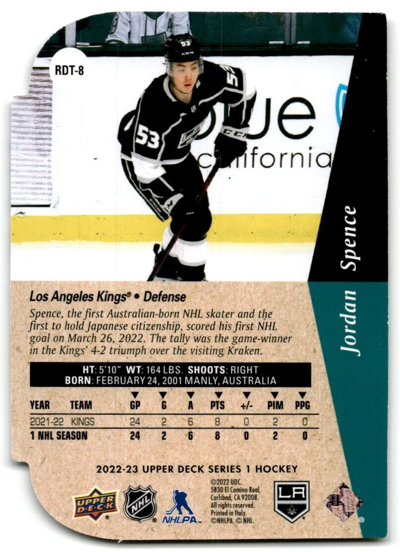 2022-23 Upper Deck Rookie Die-Cut Jordan Spence Rookie Los Angeles Kings #RDT-8