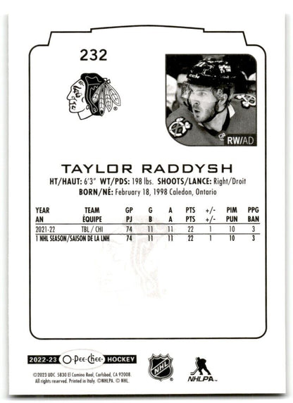 2022-23 O-Pee-Chee Taylor Raddysh Chicago Blackhawks #232