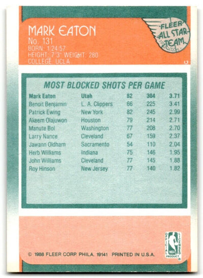 1988-89 Fleer Mark Eaton Utah Jazz #131