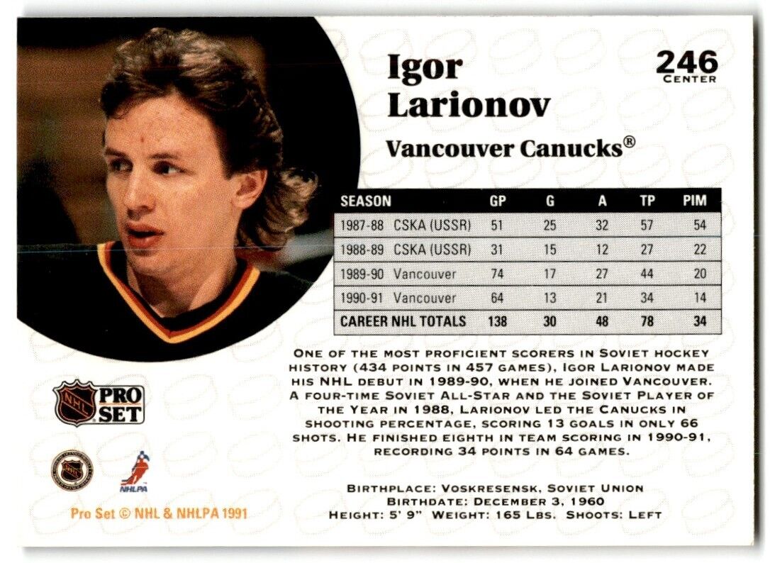 1991-92 Pro Set Igor Larionov Vancouver Canucks #246