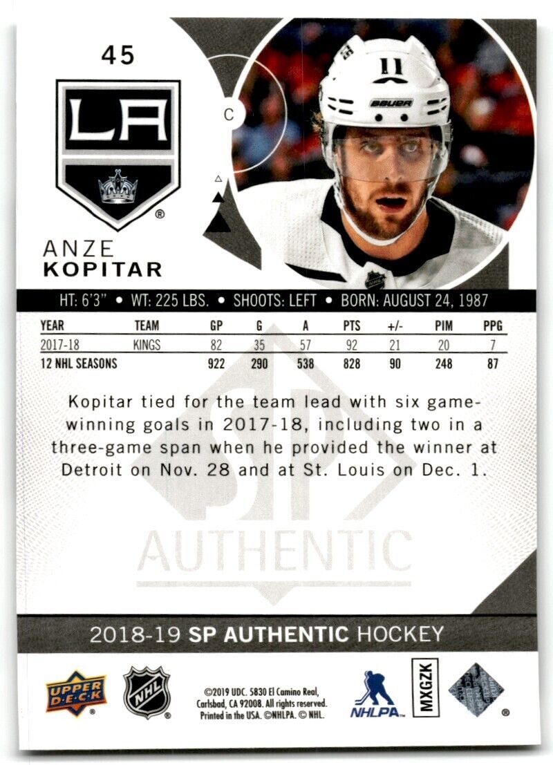 2018-19 SP Authentic Anze Kopitar Los Angeles Kings #45