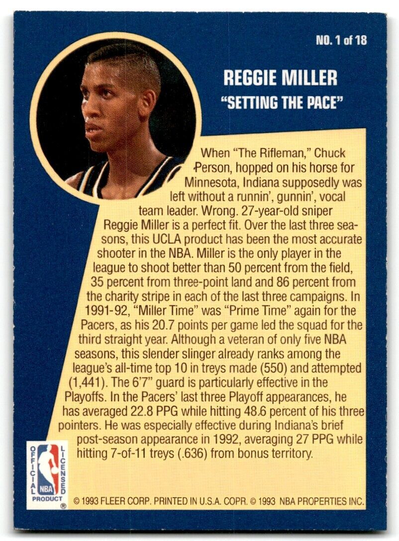 1992-93 Fleer Sharpshooters Reggie Miller Indiana Pacers #1