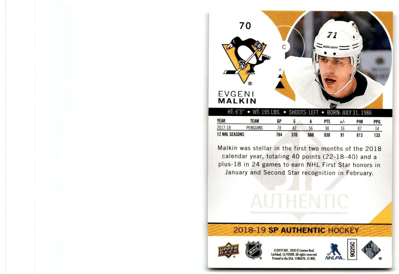 2018-19 SP Authentic Evgeni Malkin Pittsburgh Penguins #70