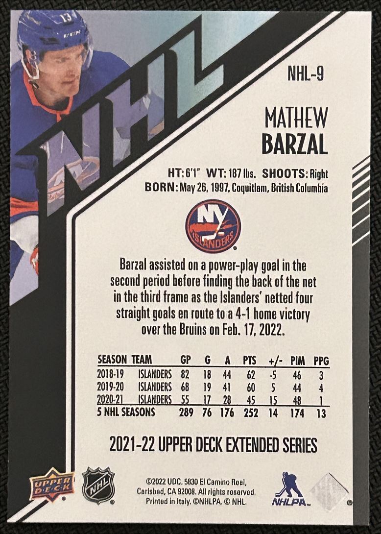 2021-22 Upper Deck HoloGrFx NHL Mathew Barzal New York Islanders #NHL-9