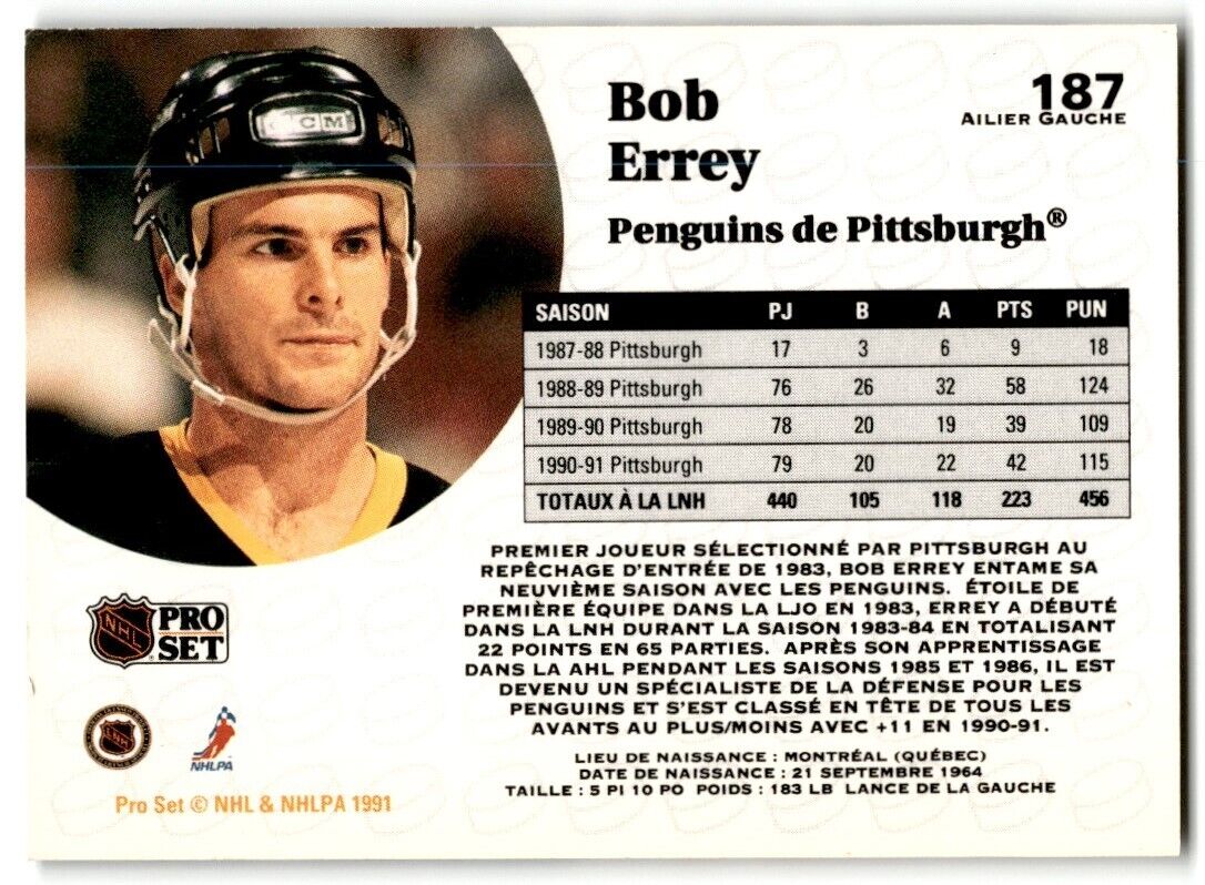 1991-92 Pro Set Bob Errey Pittsburgh Penguins #187