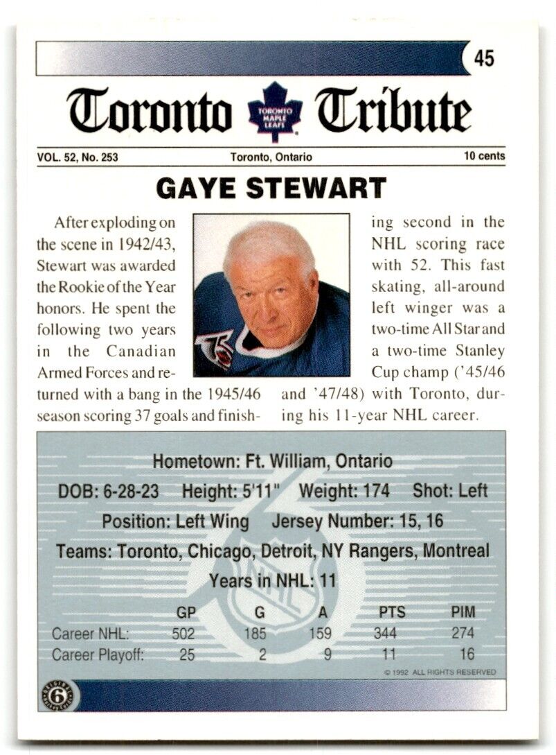 1991-92 Ultimate Original 6 French Gaye Stewart Toronto Maple Leafs #45