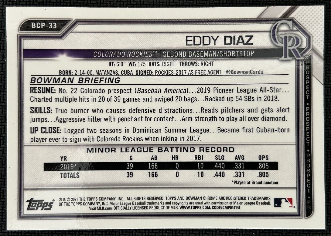 2021 Bowman Chrome Prospects Eddy Diaz Colorado Rockies #BCP-33