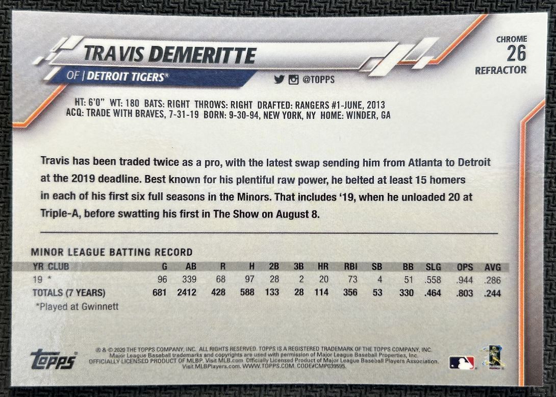 2020 Topps Chrome Travis Demeritte Rookie Detroit Tigers #26 Refractor