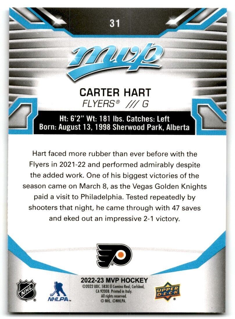 2022-23 Upper Deck MVP Carter Hart Philadelphia Flyers #31