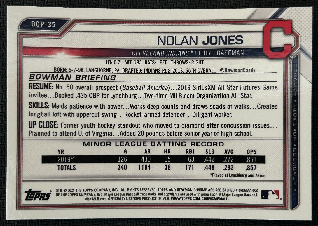 2021 Bowman Chrome Prospects Nolan Jones Cleveland Indians #BCP-35