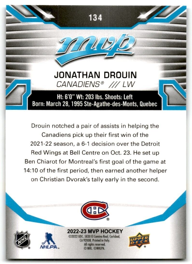 2022-23 Upper Deck MVP Jonathan Drouin Montreal Canadiens #134