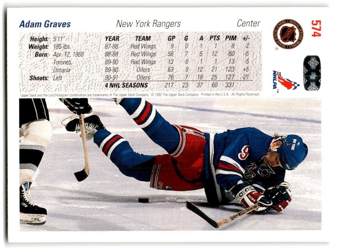 1991-92 Upper Deck Adam Graves New York Rangers #574