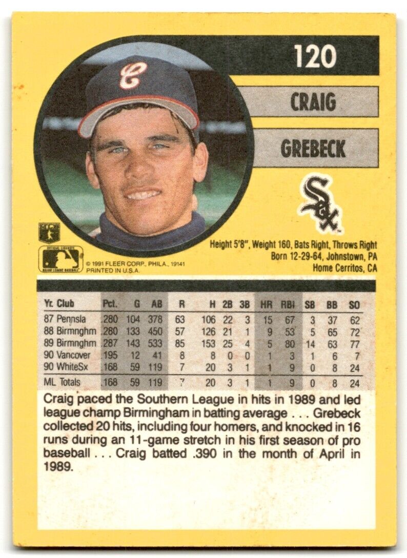 1991 Fleer Craig Grebeck Chicago White Sox #120