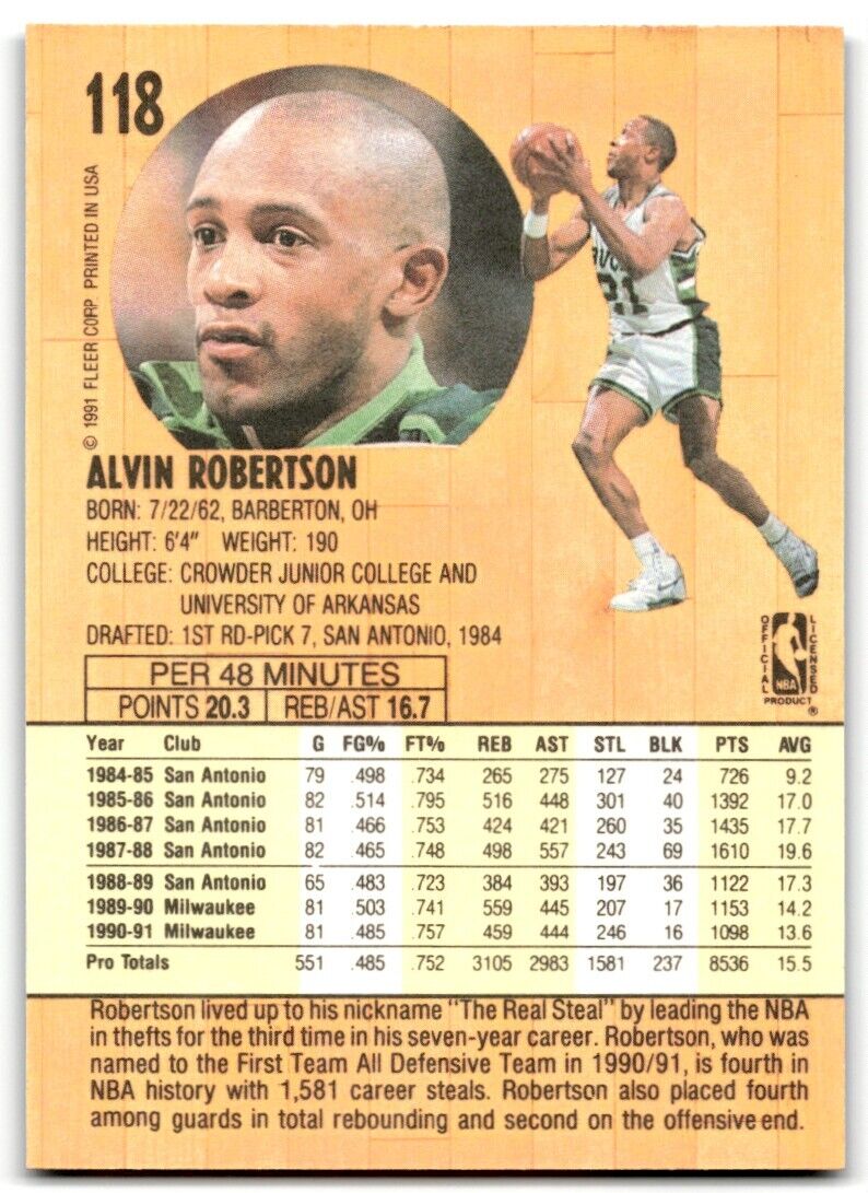 1991-92 Fleer Alvin Robertson Milwaukee Bucks #118