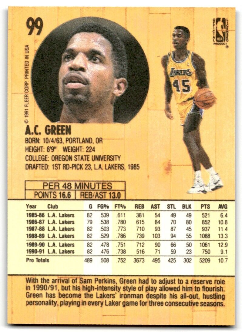 1991-92 Fleer A.C. Green Los Angeles Lakers #99