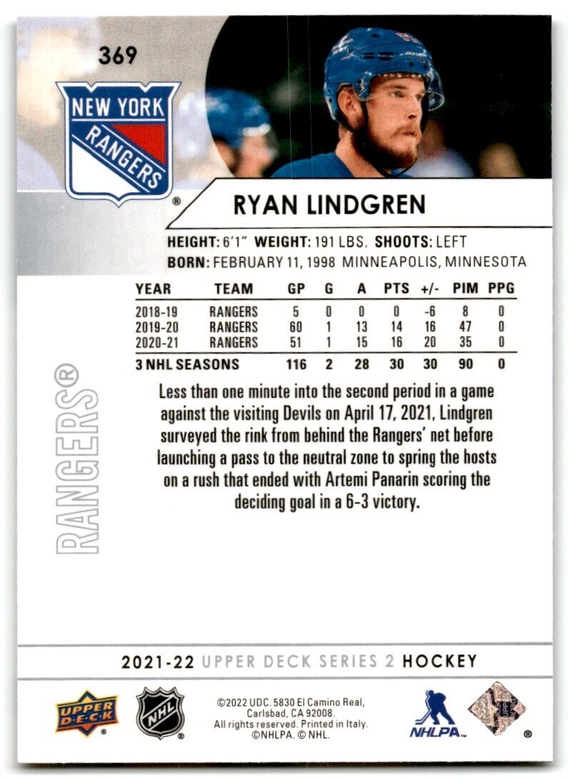 2021-22 Upper Deck Ryan Lindgren New York Rangers #369