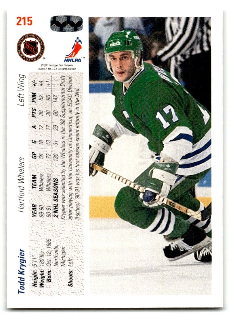 1991-92 Upper Deck Todd Krygier Hartford Whalers #215