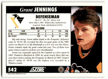 1992-93 Score Grant Jennings Pittsburgh Penguins #542