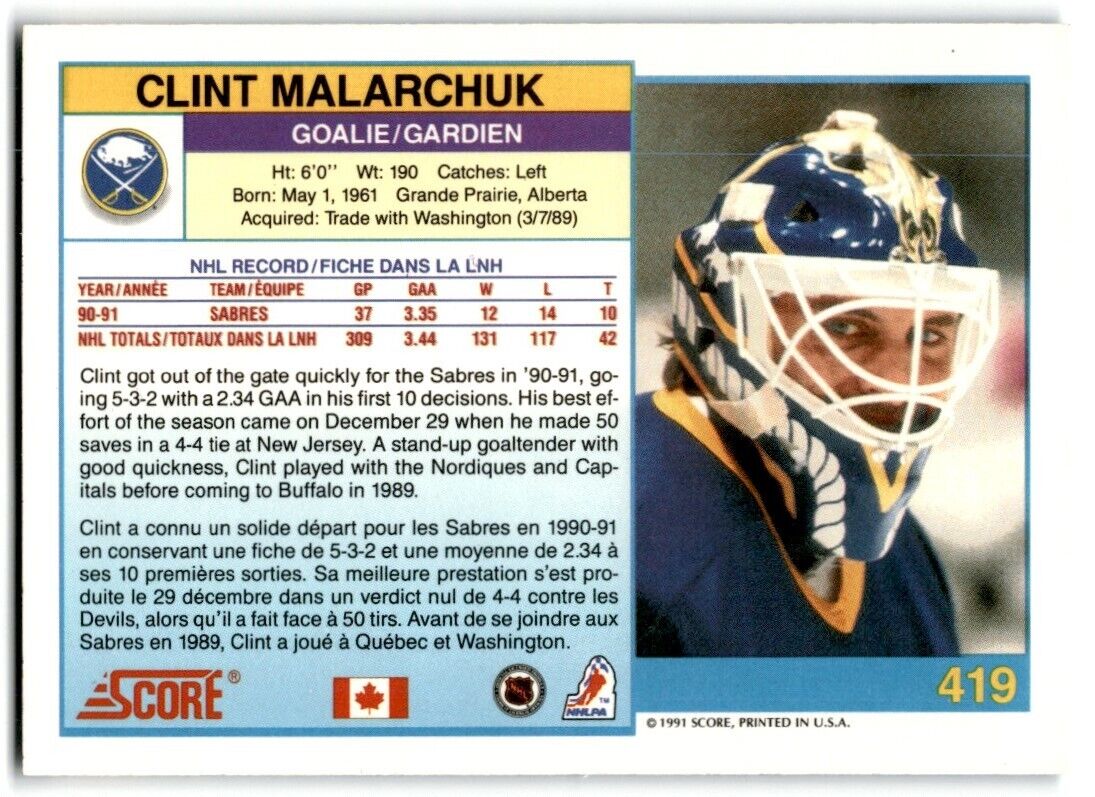 1991-92 Score Canadian Bilingual Clint Malarchuk Buffalo Sabres #419