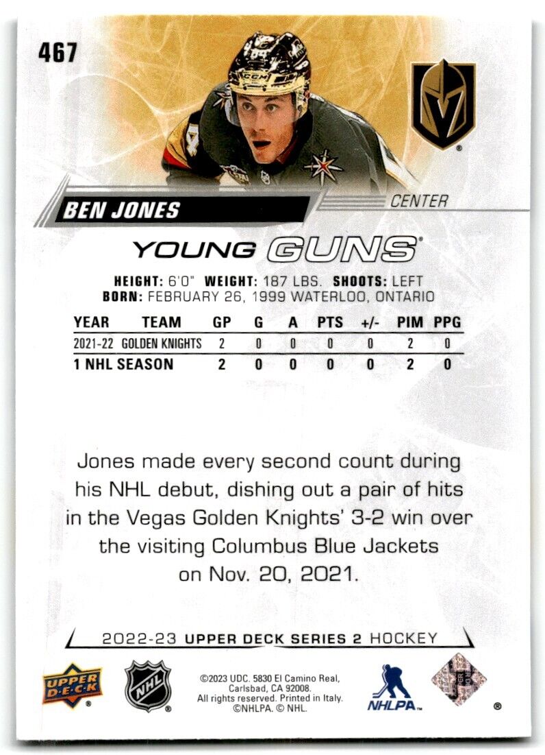 2022-23 Upper Deck Young Guns Ben Jones Rookie Vegas Golden Knights #467