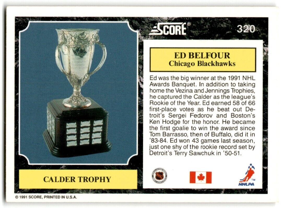 1991-92 Score Canadian Ed Belfour (Calder Trophy) Chicago Blackhawks #320