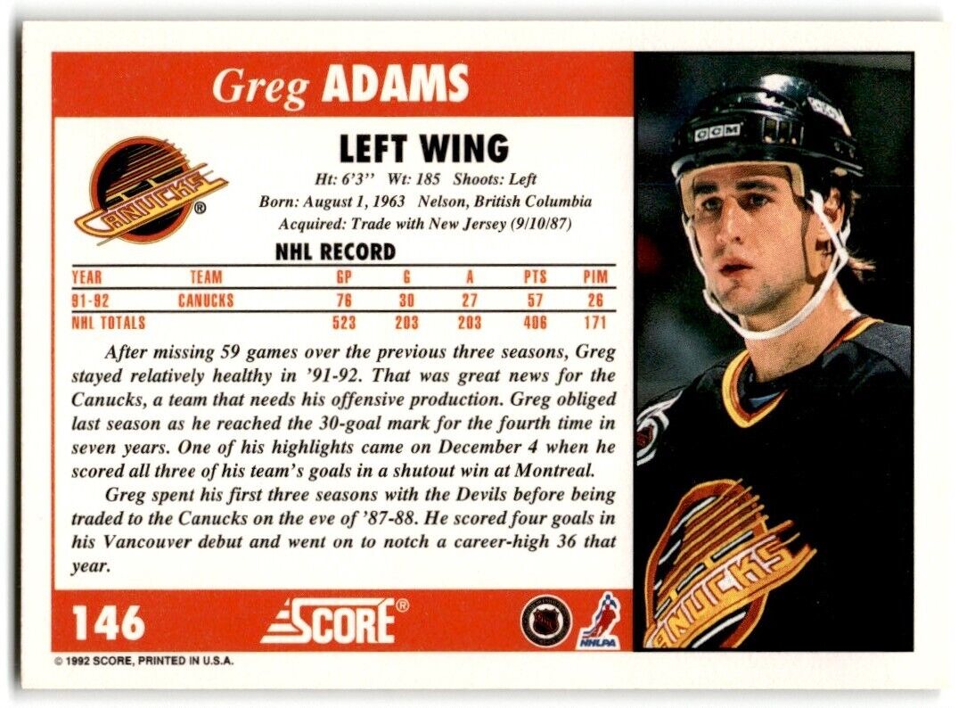 1992-93 Score Greg Adams Vancouver Canucks #146