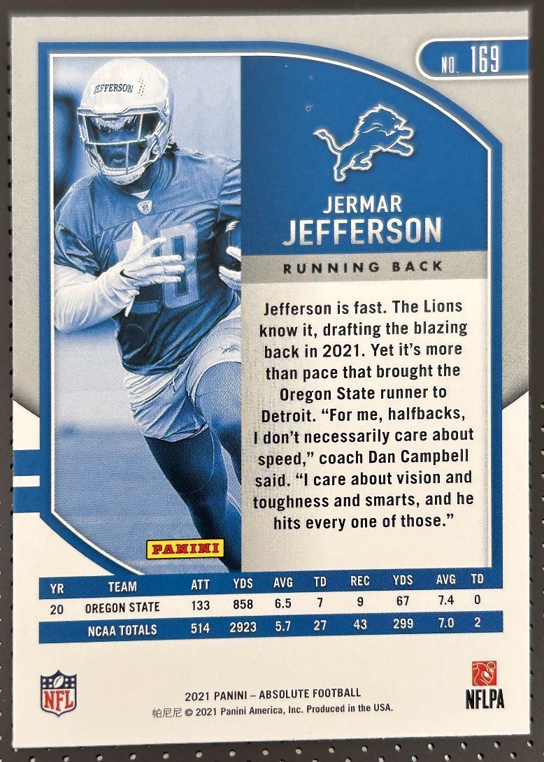 2021 Panini Absolute Rookie Foil Jermar Jefferson Rookie Detroit Lions #169