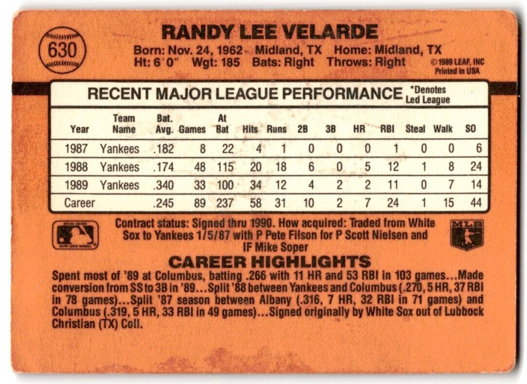 1990 Donruss Randy Velarde New York Yankees #630